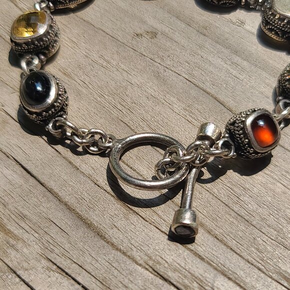 Handmade Sterling Silver Toggle Bracelet with Multi Gemstones and Ornate Detail - Picture 4 of 12
